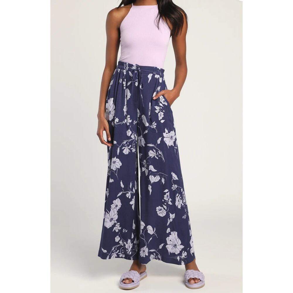 LuLus Growing On You Navy Blue Floral Print Wide Leg Pant‎ Size XS